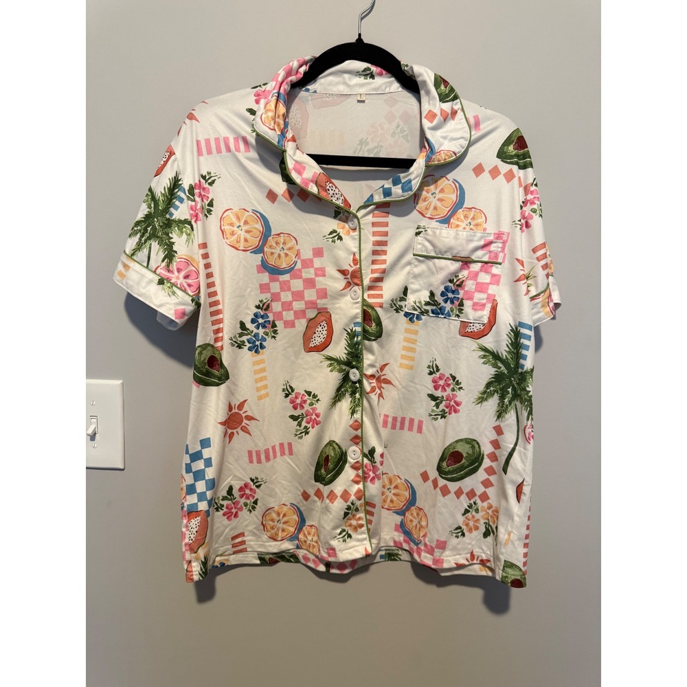 Tropical Fruit Print Pajama Set White Avocado Papaya Short Sleeve Shorts Large